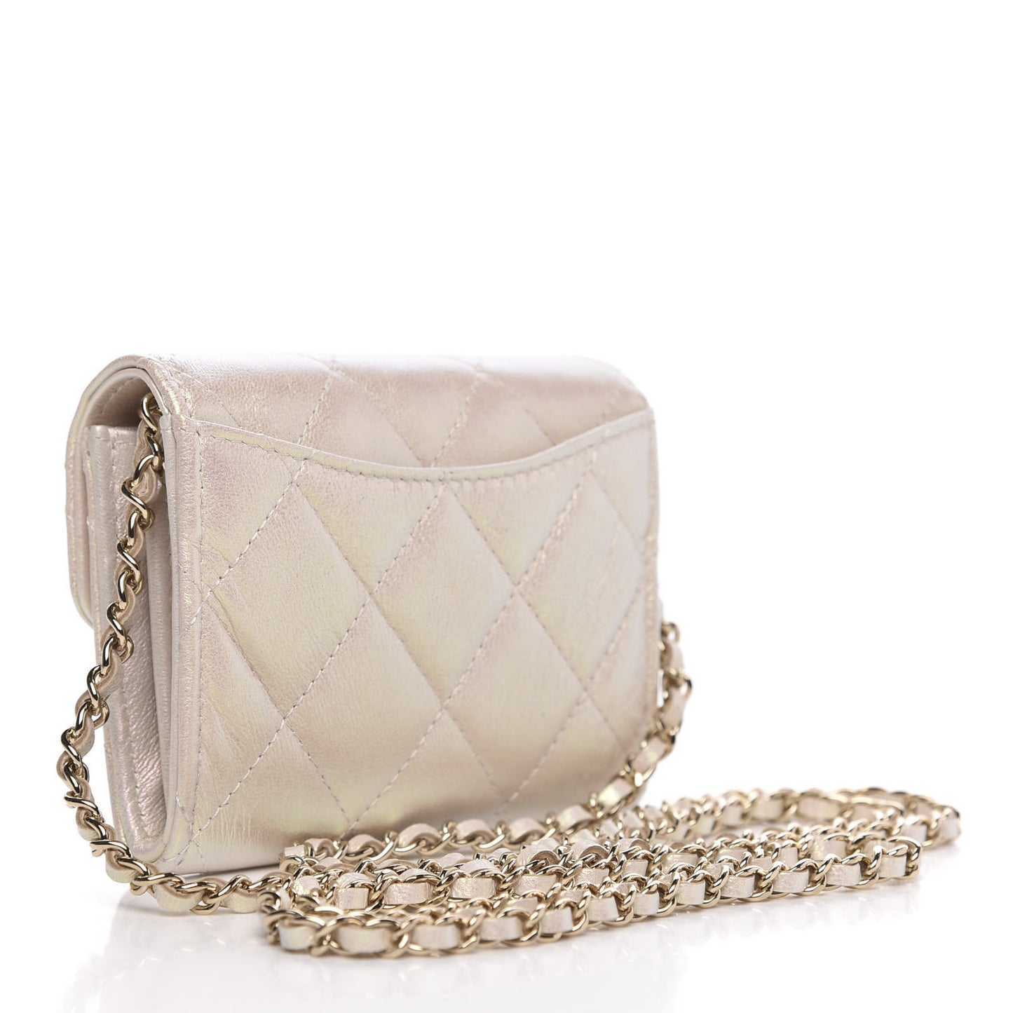 Iridescent Lambskin Quilted Flap Card Holder On Chain Ivory