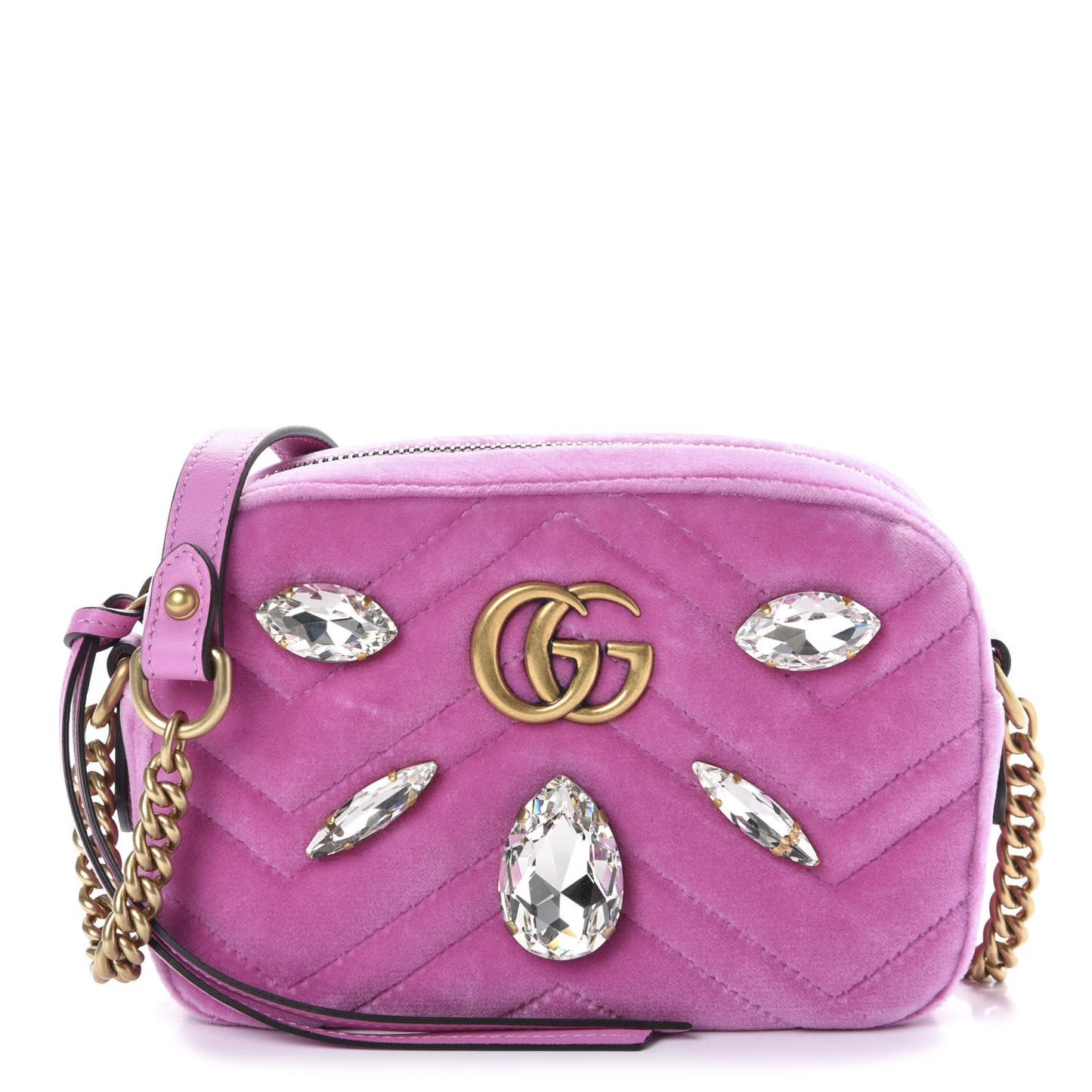 Velvet Matelasse Marquise Crystals Mini GG Marmont Chain Shoulder Bag Malva