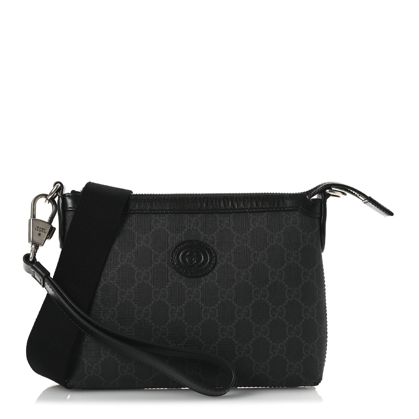 GG Supreme Monogram Azalea Calfskin Retro Interlocking G Wristlet Messenger Bag Black