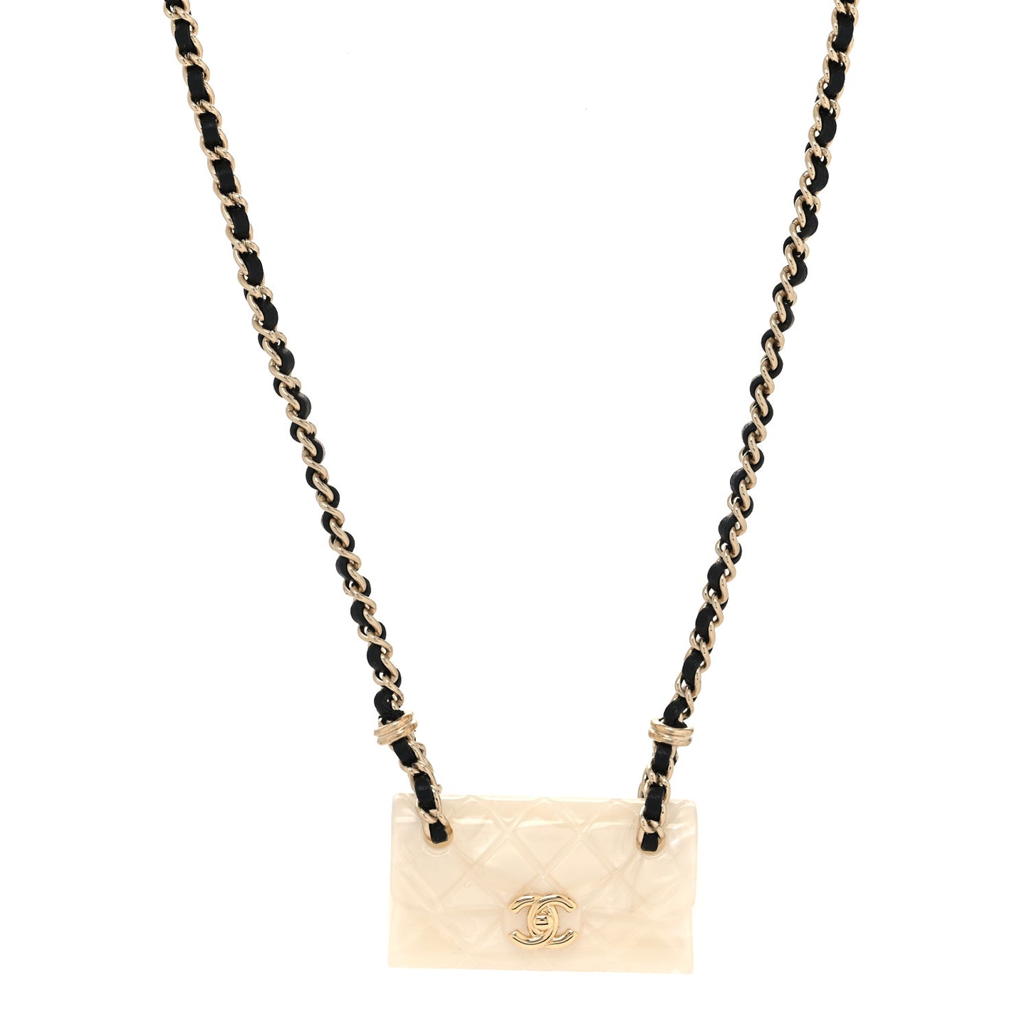 Metal Resin Calfskin Quilted CC Turnlock Chain Bag Necklace Gold White