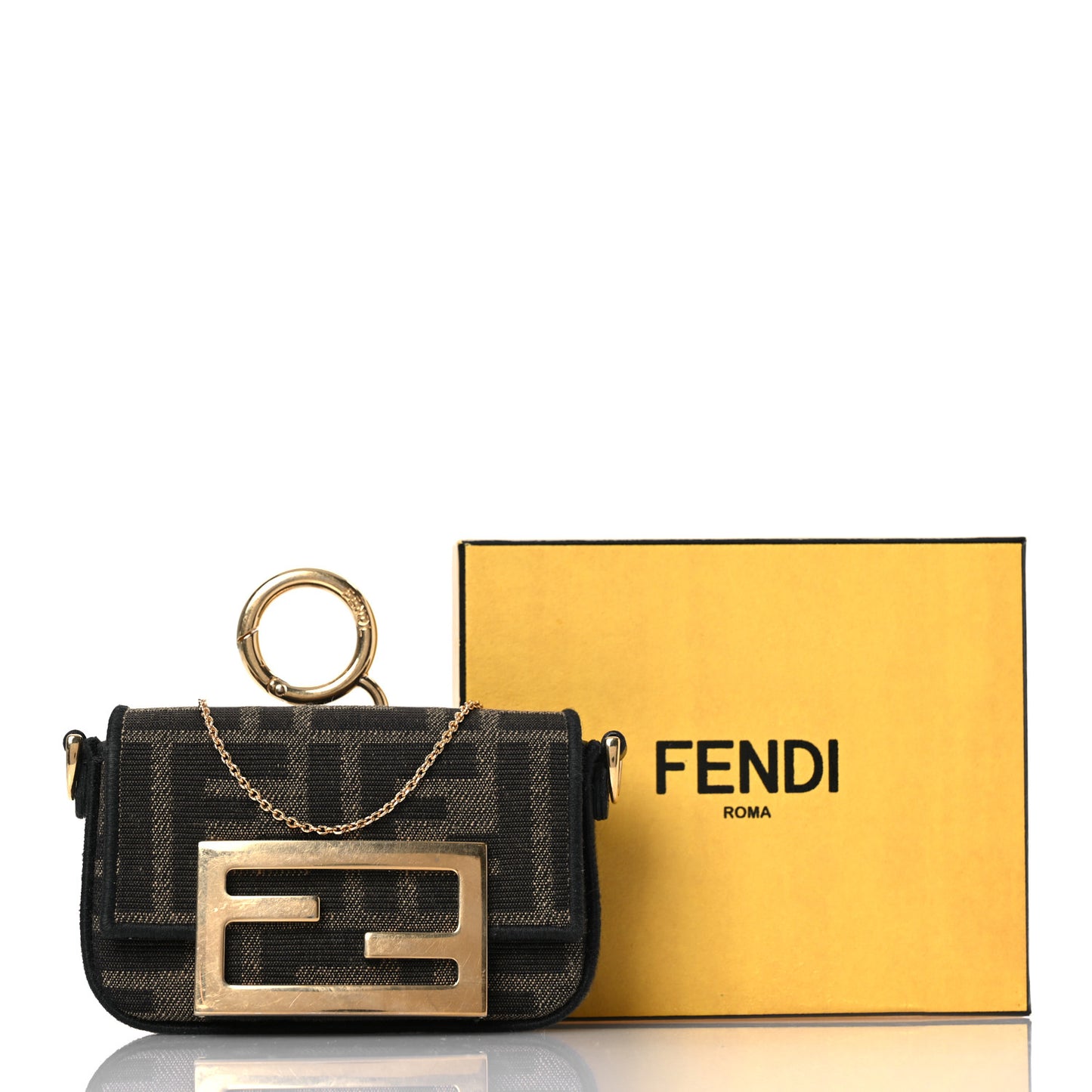 Fabric Jacquard FF 1974 Nano Maxi Buckle Baguette Charm Tobacco Moro Black