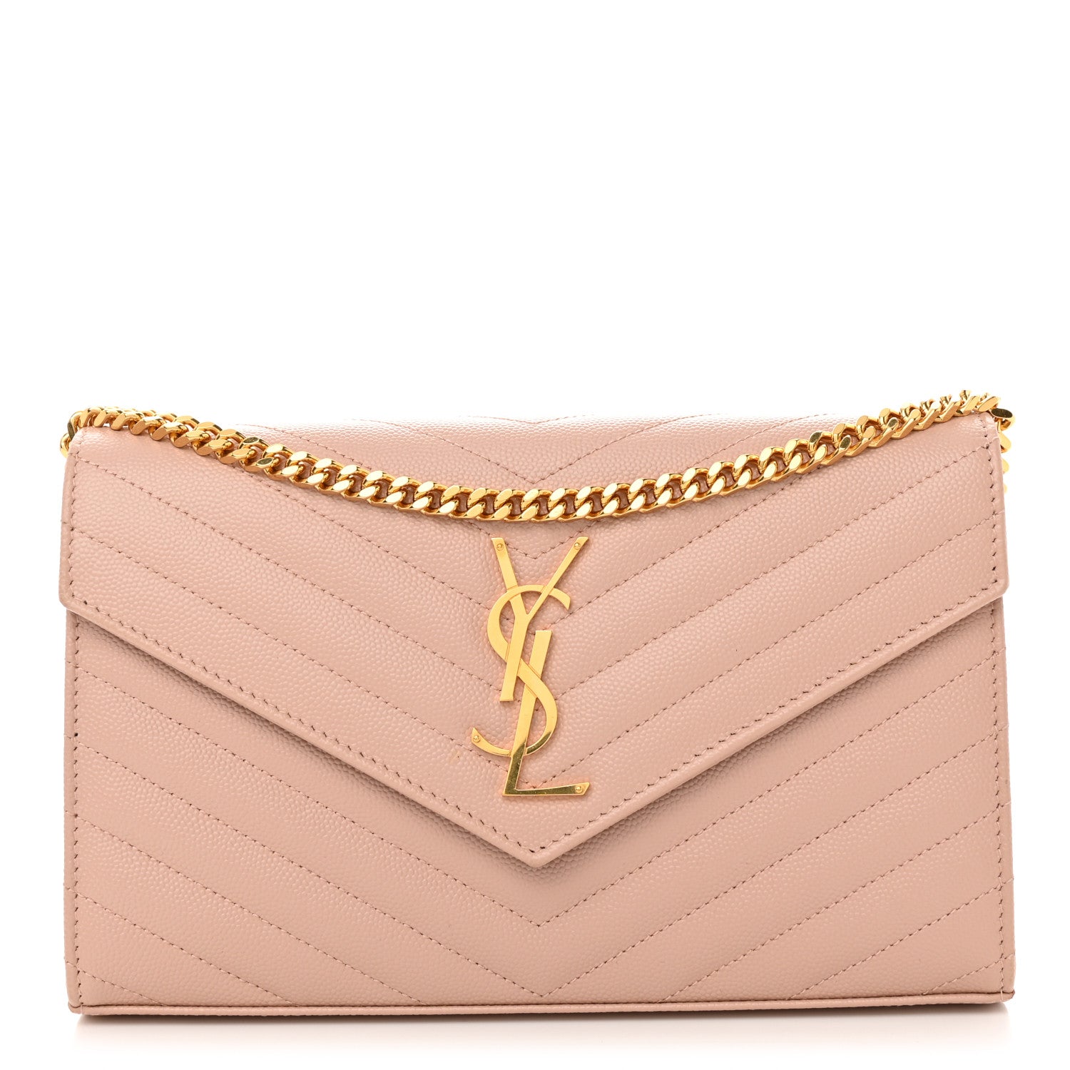 Saint Laurent Grain De Poudre Matelasse Chevron Monogram Chain Wallet Pale Pink 1 of 9