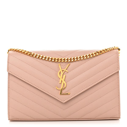 Saint Laurent Grain De Poudre Matelasse Chevron Monogram Chain Wallet Pale Pink 1 of 9