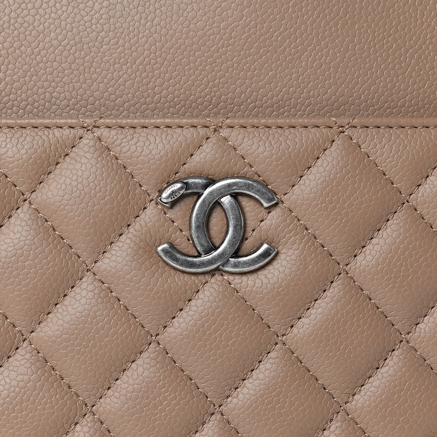 Grained Calfskin Quilted Large Zipped Shopping Tote Taupe