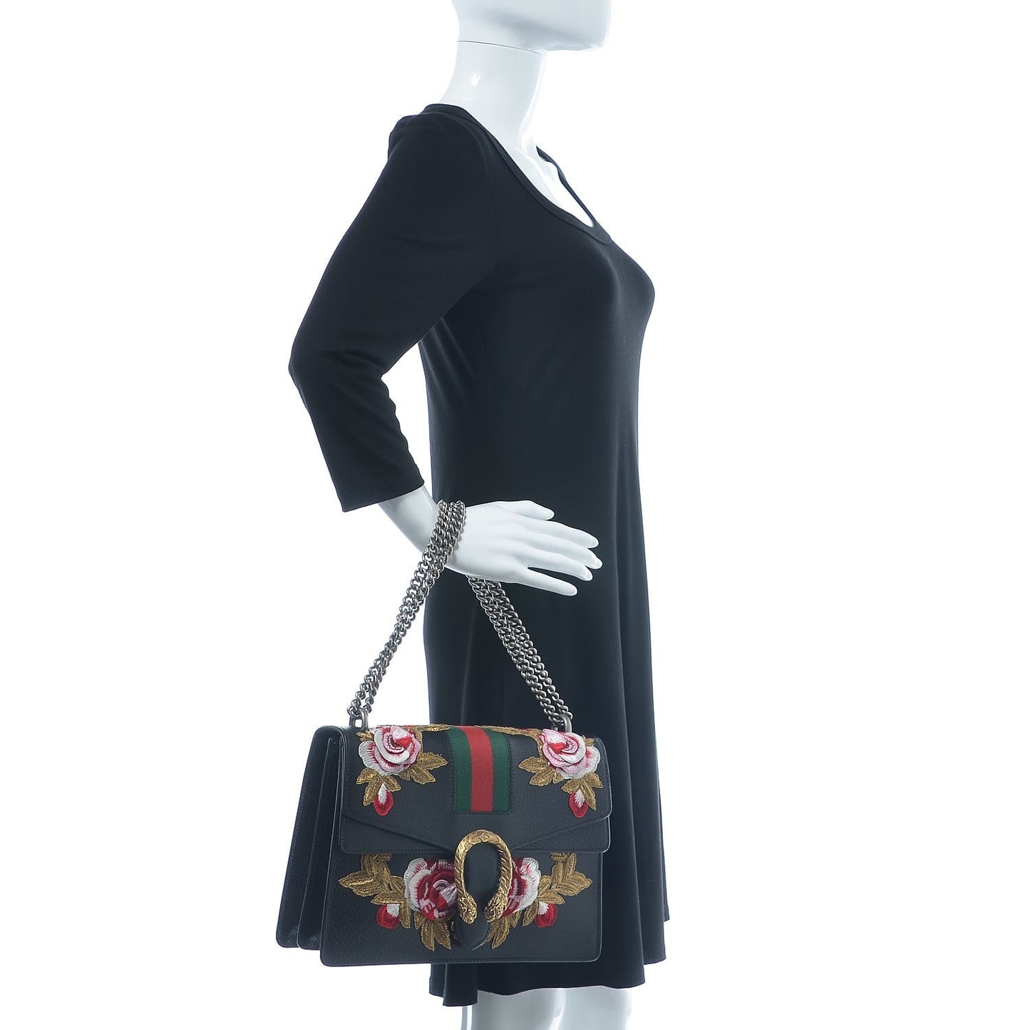 Calfskin Web Floral Embroidered Medium Dionysus Shoulder Bag Black