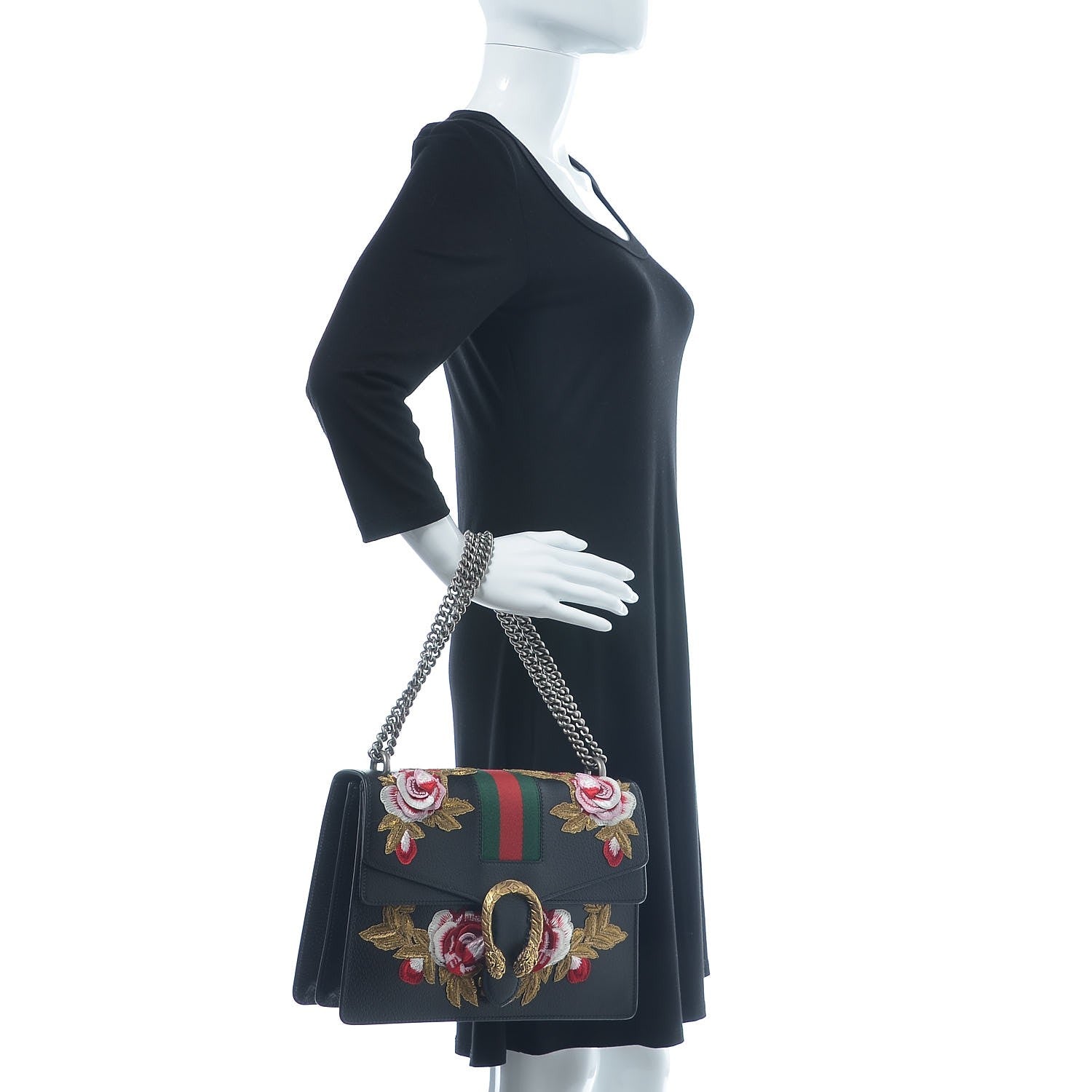 Gucci Calfskin Web Floral Embroidered Medium Dionysus Shoulder Bag Black 3 of 8