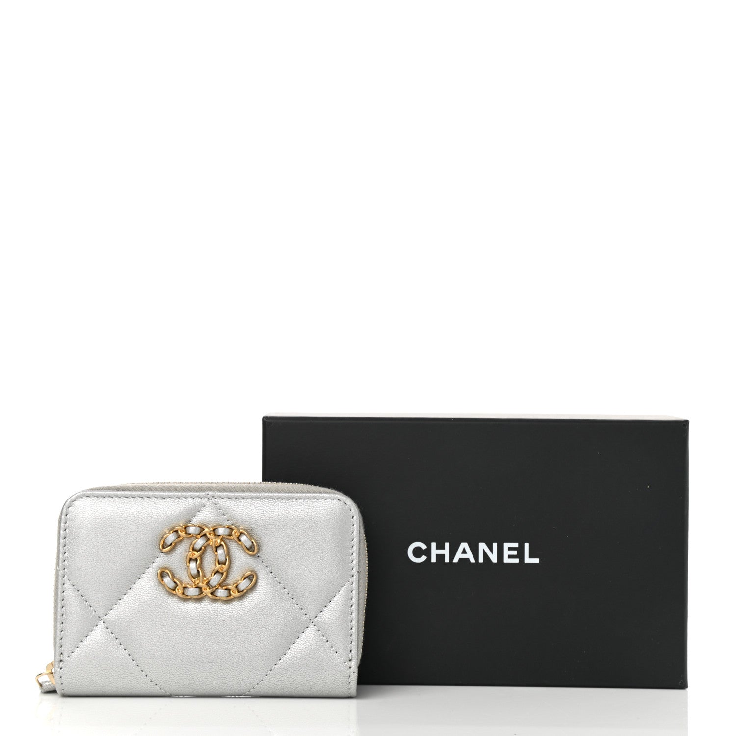 Chanel Metallic Goatskin Quilted Chanel 19 Zip Around Coin Purse Wallet Silver 14 of 15