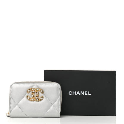 Chanel Metallic Goatskin Quilted Chanel 19 Zip Around Coin Purse Wallet Silver 14 of 15