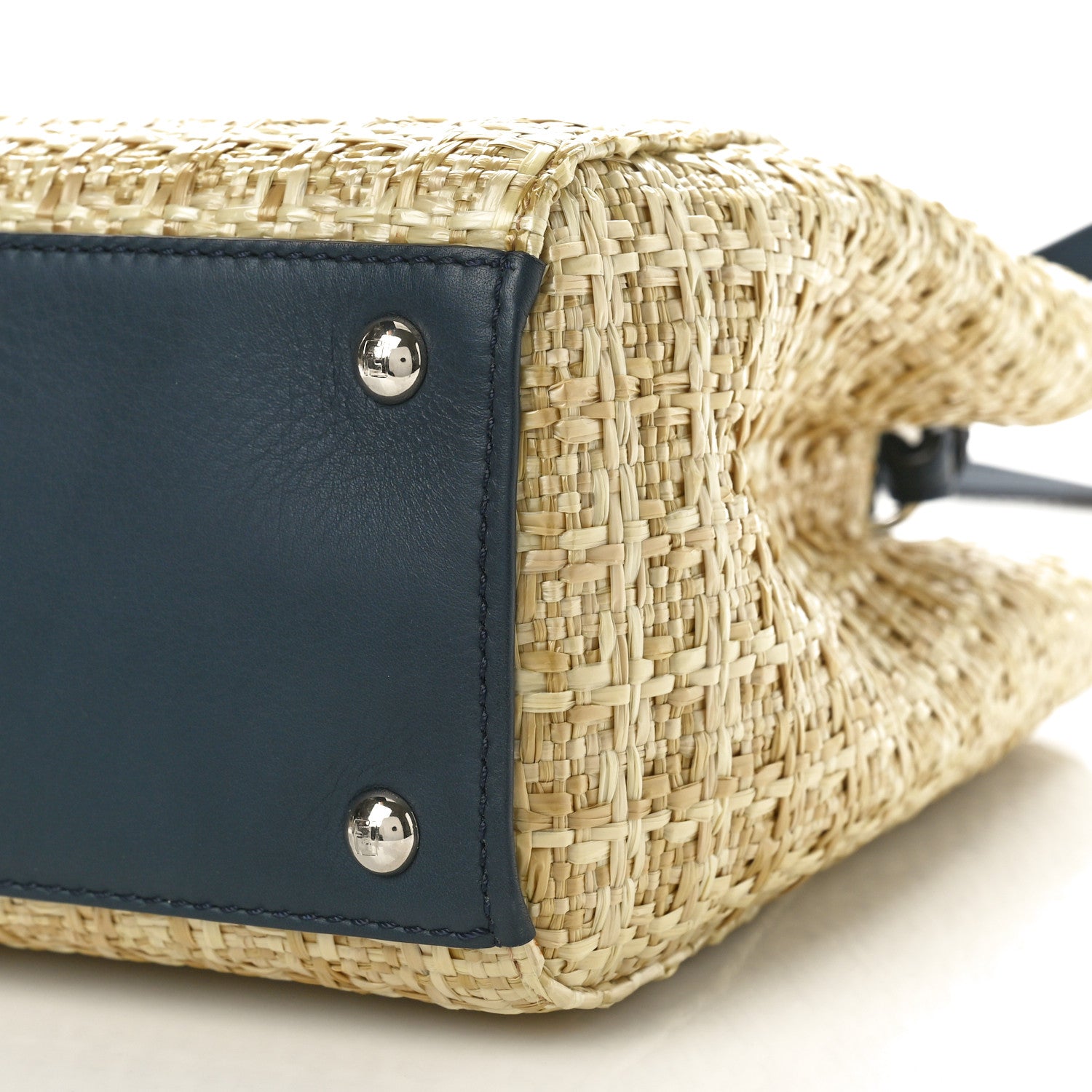 Fendi Woven Raffia Vitello Petite 2Jours Tote Natural Navy 10 of 10