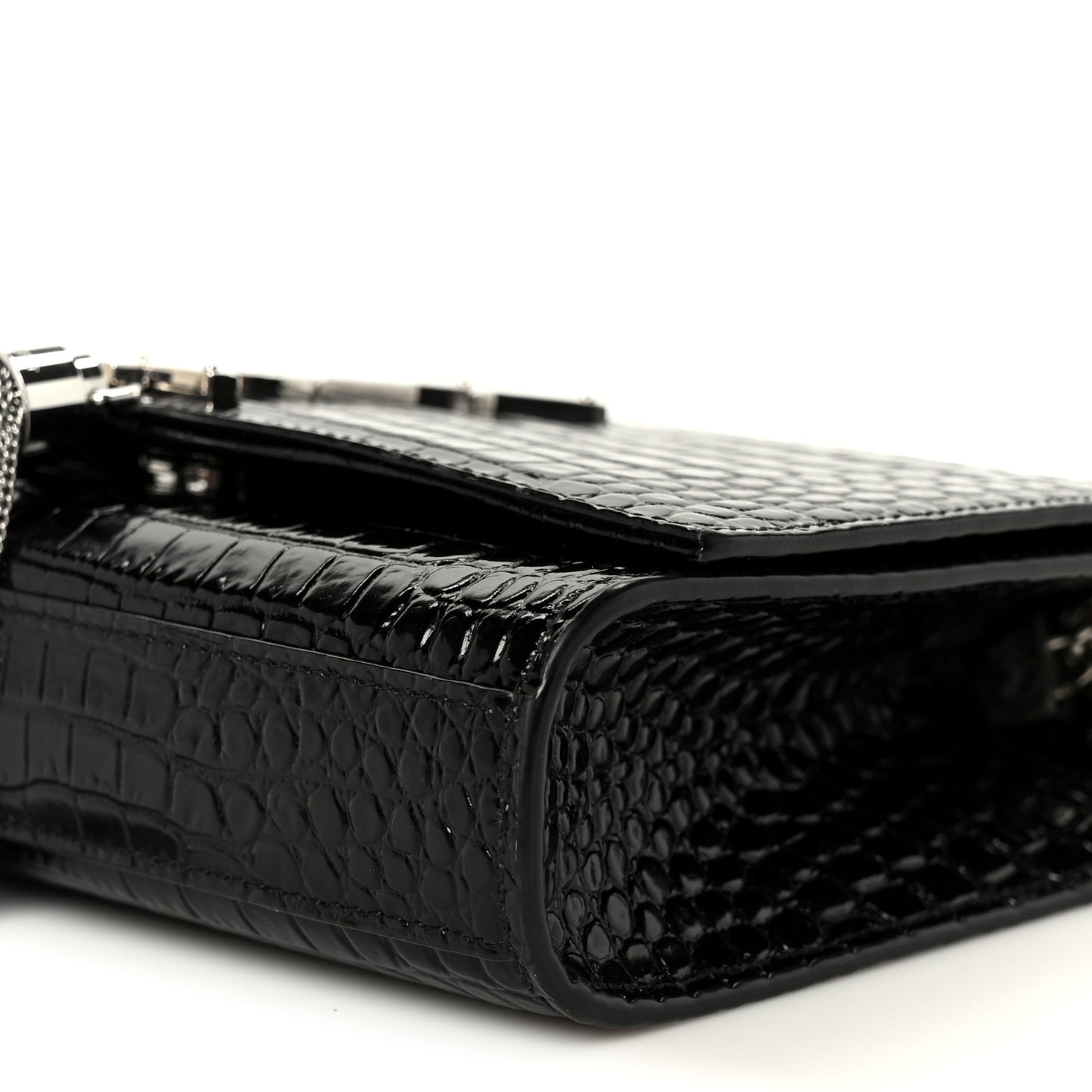 Calfskin Crocodile Embossed Small Classic Monogram Kate Tassel Satchel Black