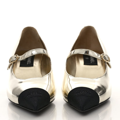 Chanel Laminated Calfskin Grosgrain Cap Toe CC Pointed Toe Wedge Pumps 37.5 Gold Black 2 of 8