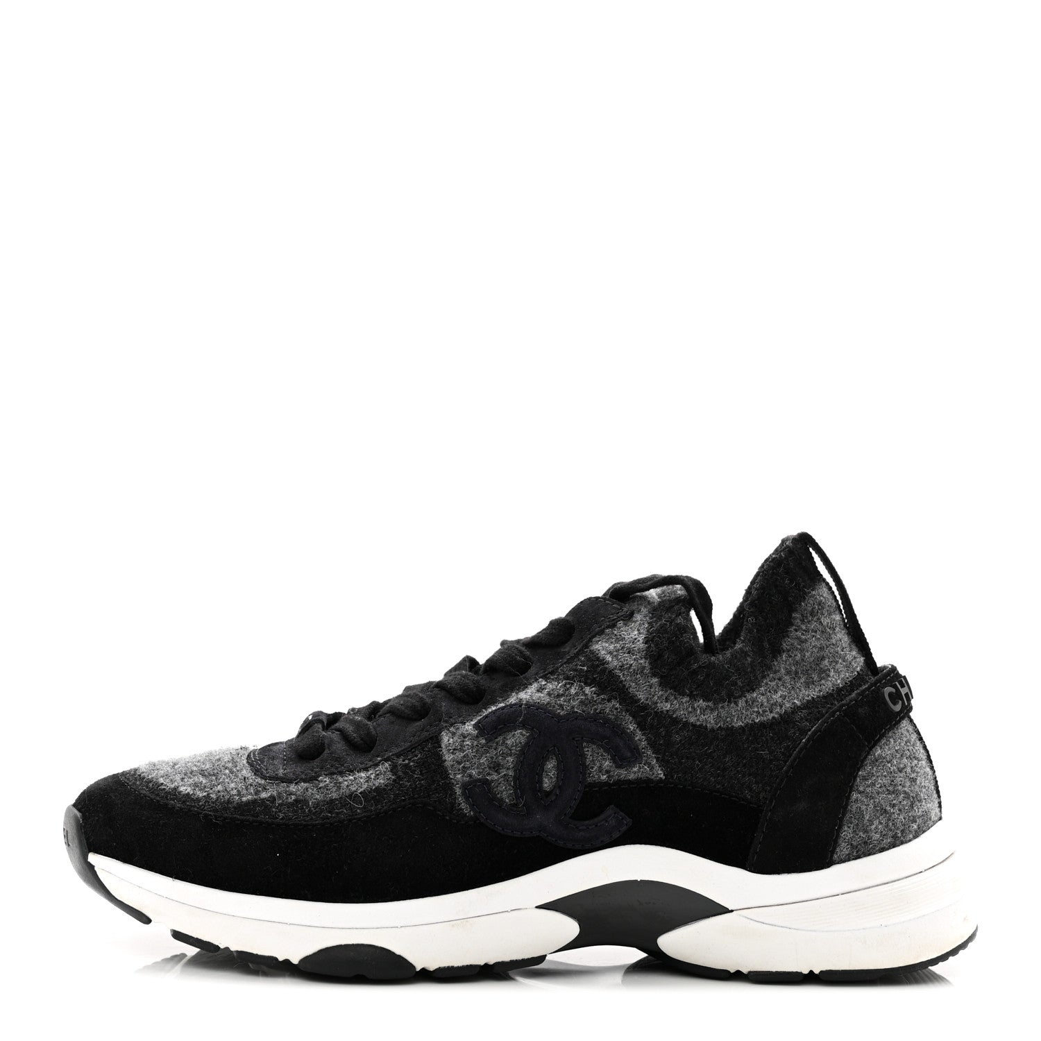 Chanel Fabric Suede Calfskin Womens CC Sneakers 38 Black Grey 1 of 6