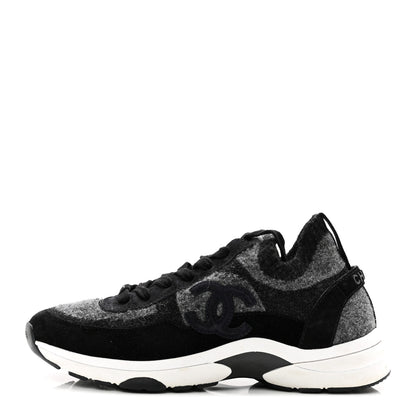 Chanel Fabric Suede Calfskin Womens CC Sneakers 38 Black Grey 1 of 6