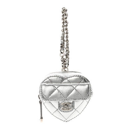 Chanel Metallic Lambskin Quilted CC Mini In Love Heart Bag Charm Silver 1 of 6