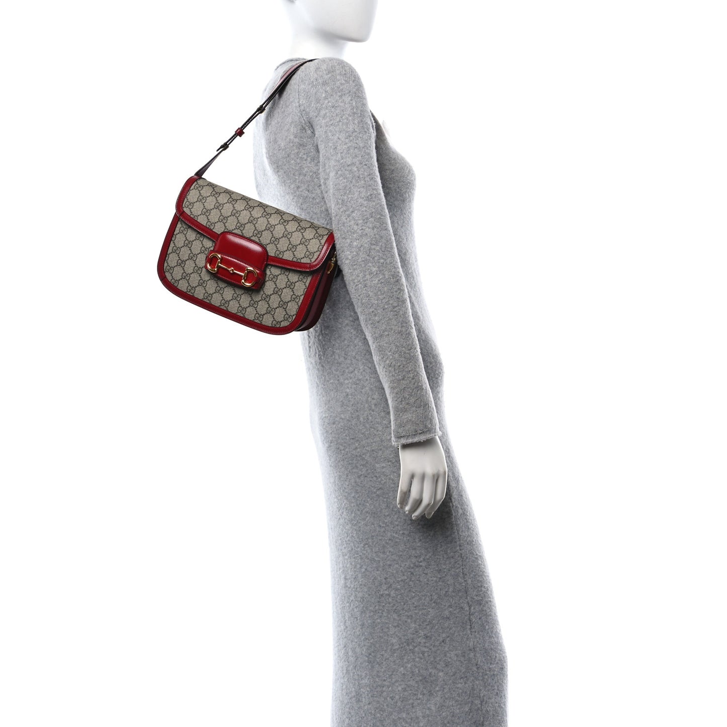 GG Supreme Monogram Azalea Calfskin Horsebit 1955 Shoulder Bag Beige Ebony New Cherry Red
