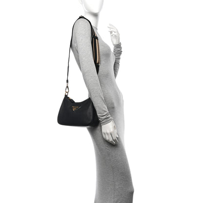 Prada Vitello Daino Soft Zippered Hobo Shoulder Bag Black 2 of 11