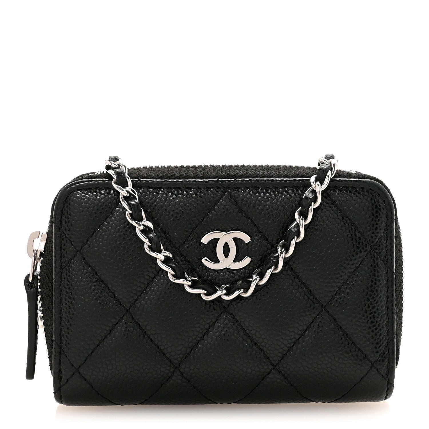 Chanel Caviar Quilted Zip Around Coin Purse Wallet On Chain Black 1 of 10