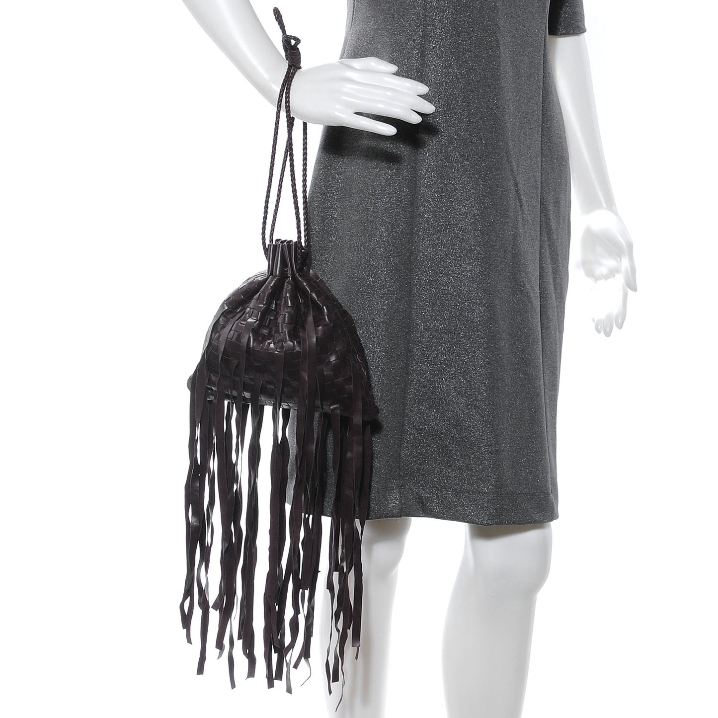 Lambskin Intrecciato Drawstring Fringe Pochette Brown