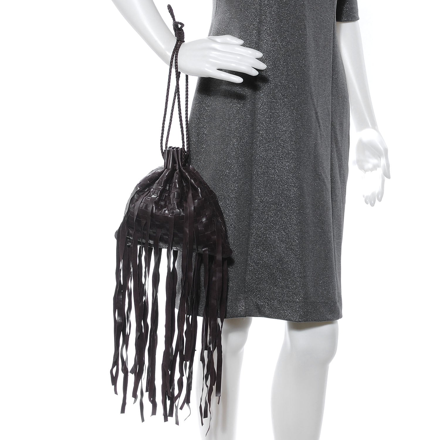 Bottega Veneta Lambskin Intrecciato Drawstring Fringe Pochette Brown 2 of 7
