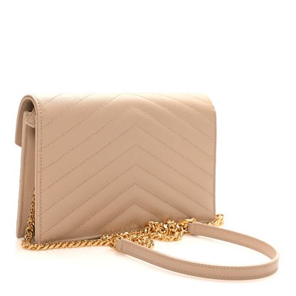 Saint Laurent Grain De Poudre Matelasse Chevron Monogram Envelope Chain Wallet Dark Beige 3 of 9