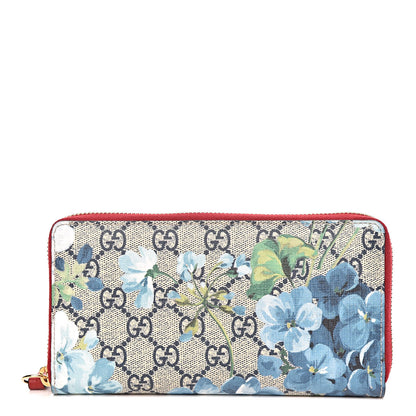 Gucci GG Supreme Monogram Blooms Zip Around Wallet Blue Red 1 of 8