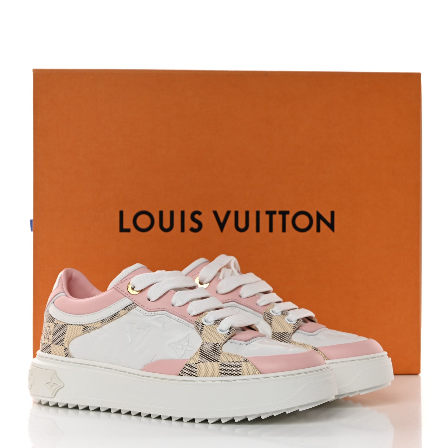 Monogram Embossed Calfskin Damier Azur Time Out Sneakers 36 Rose Clair Pink
