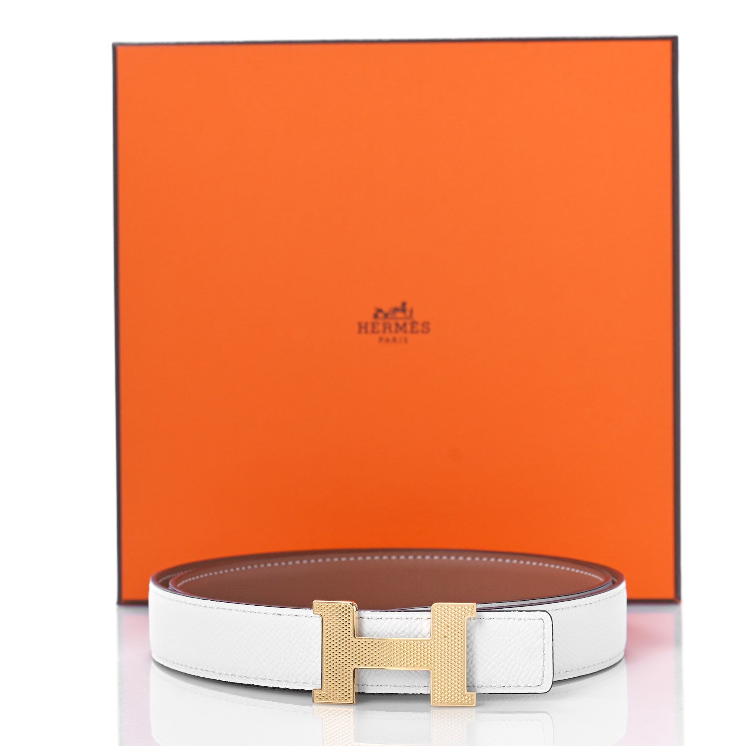 Hermes Swift Epsom 24mm Guilloche H Belt 80 Gold White 1217154