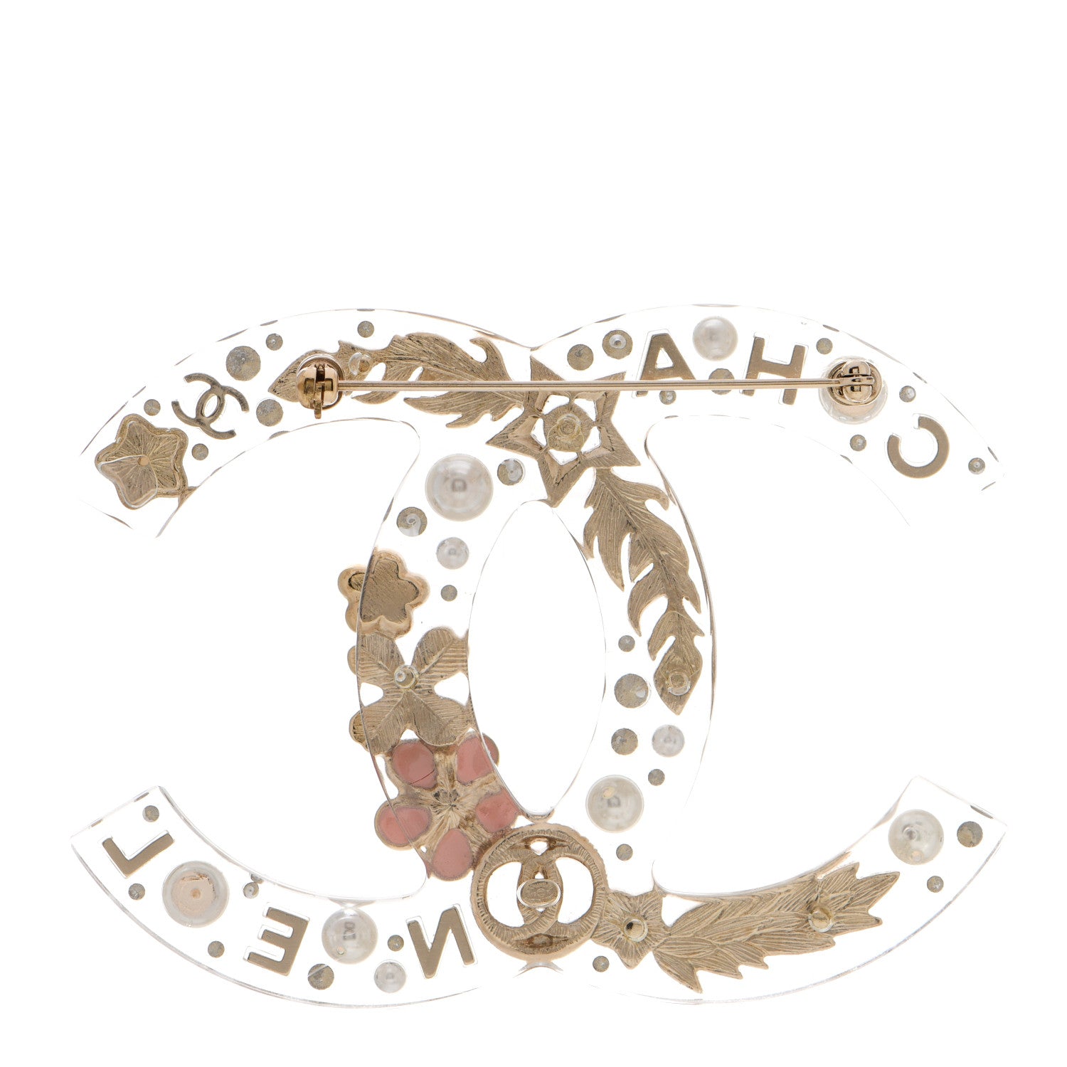 Chanel Resin Pearl Crystal Feather Star CC Brooch Transparent Gold 3 of 5
