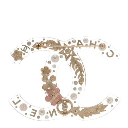 Chanel Resin Pearl Crystal Feather Star CC Brooch Transparent Gold 3 of 5