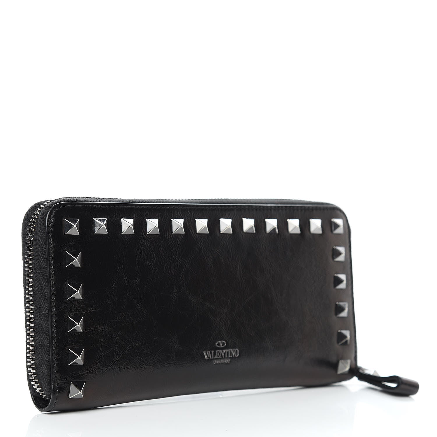 Valentino Garavani Craquele Calfskin Rockstud Zip Around Wallet Black 3 of 10