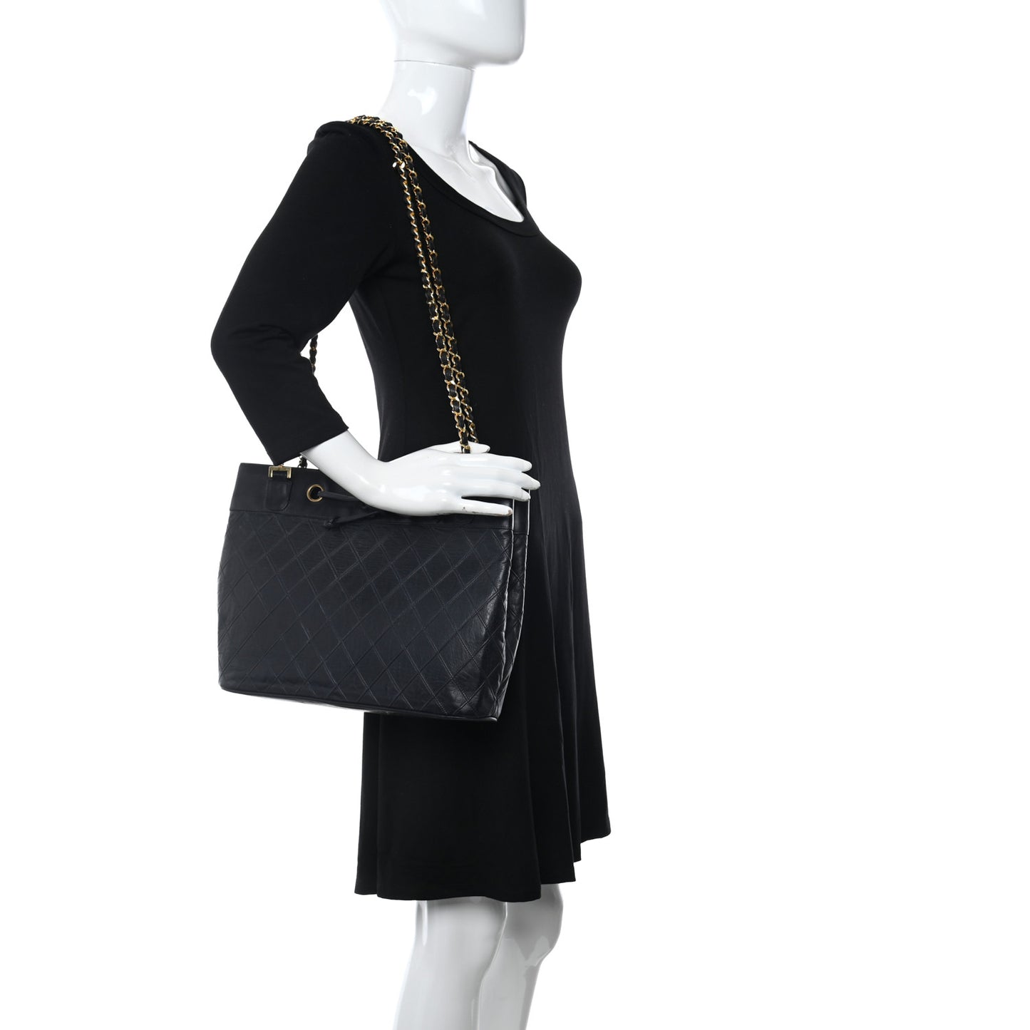 Calfskin Quilted Drawstring Shopping Tote Blue
