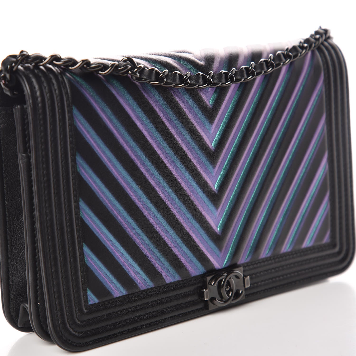 Chanel Calfskin Painted Chevron Embossed Boy Wallet On Chain WOC Black 15 of 15