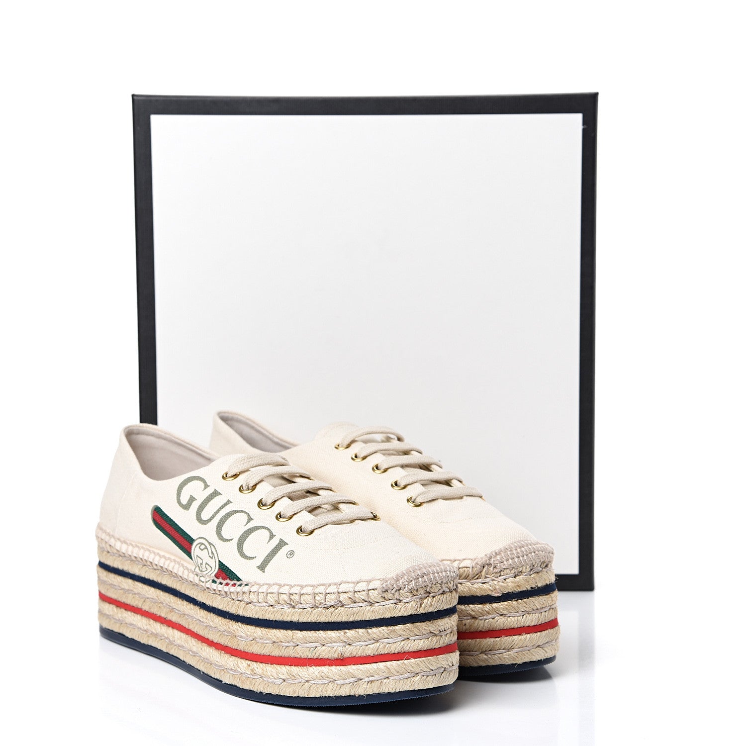 Gucci Canvas Logo Lace-Up Platform Espadrilles 39 Greggio Grege 8 of 8