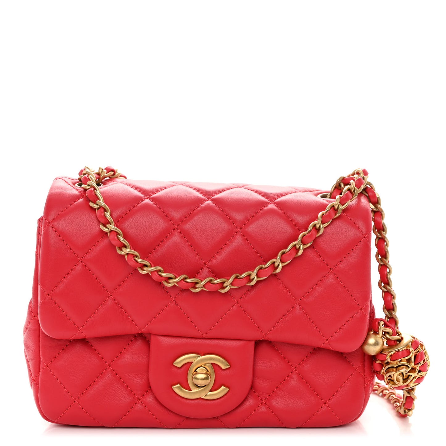 Lambskin Quilted Mini Pearl Crush Flap Red