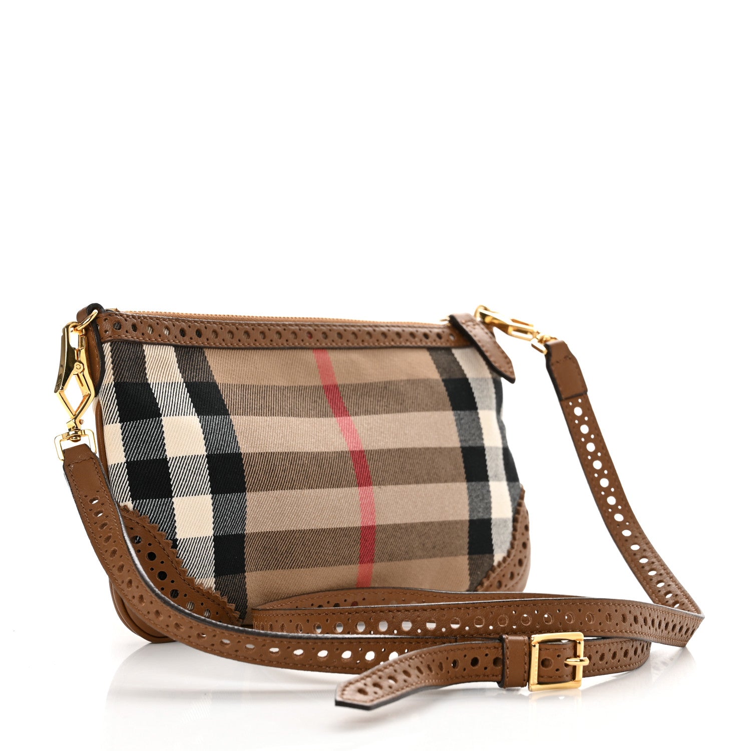Burberry House Check Calfskin Broguing Crossbody Clutch Bag Brown 3 of 14