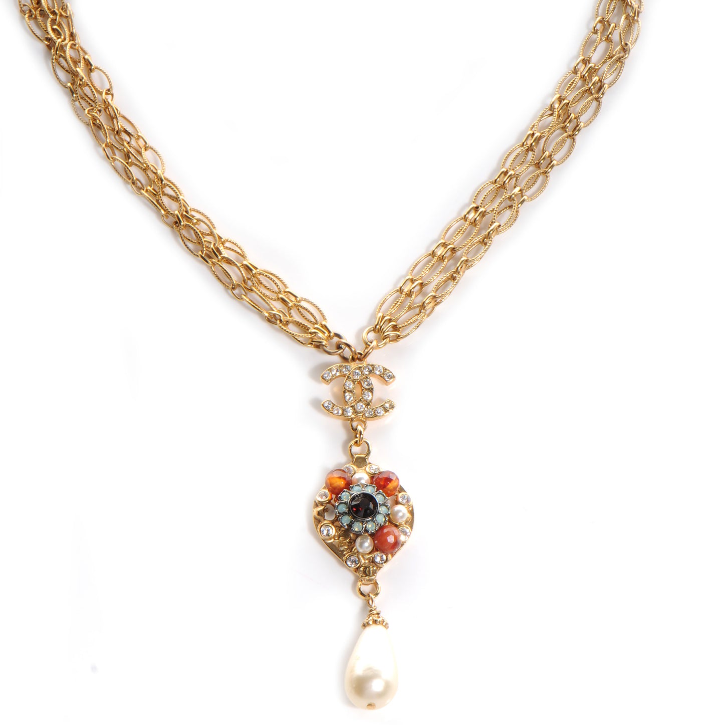 Jeweled Pearl CC Logo Drop Necklace Gold