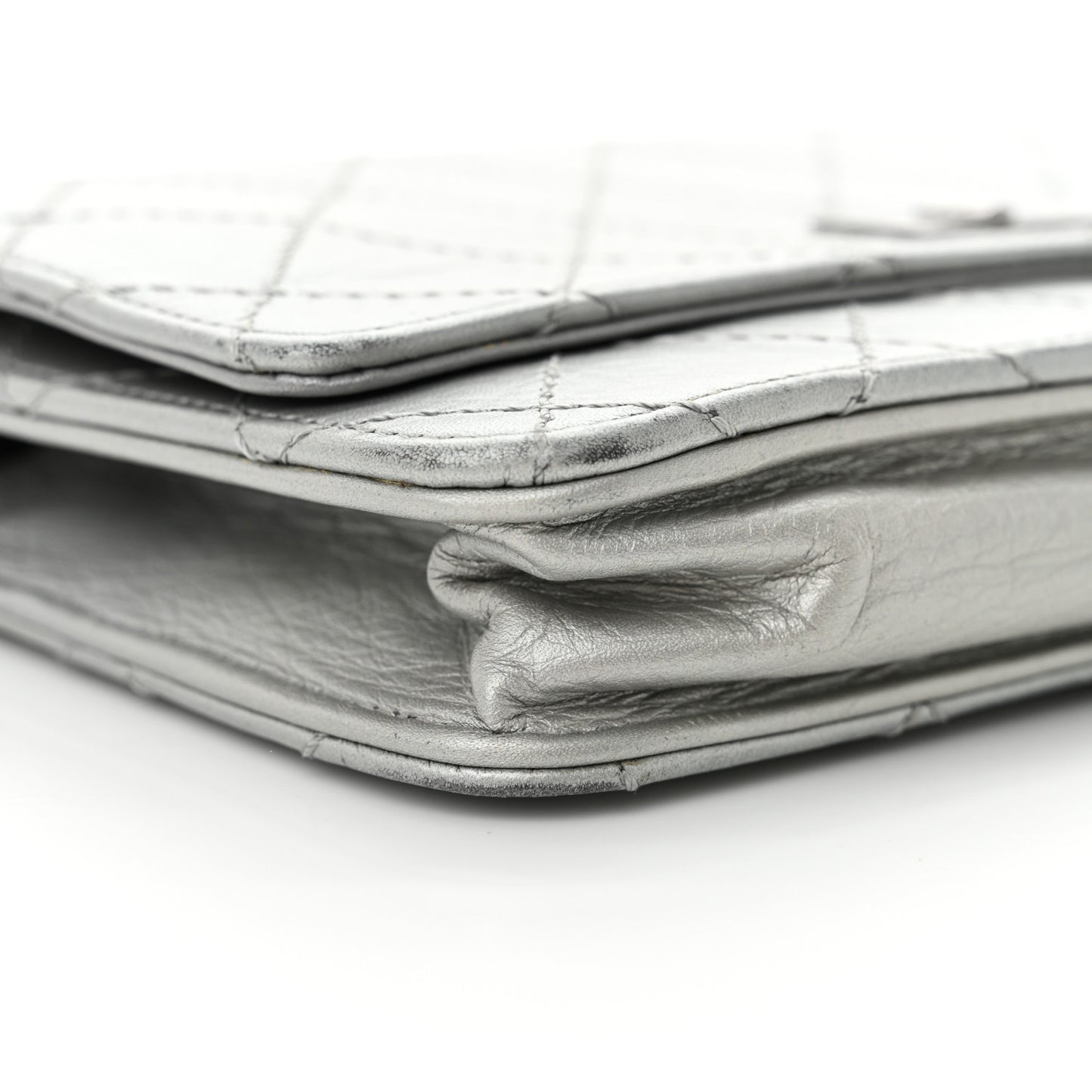 Metallic Aged Calfskin Quilted Reissue Wallet On Chain WOC Silver