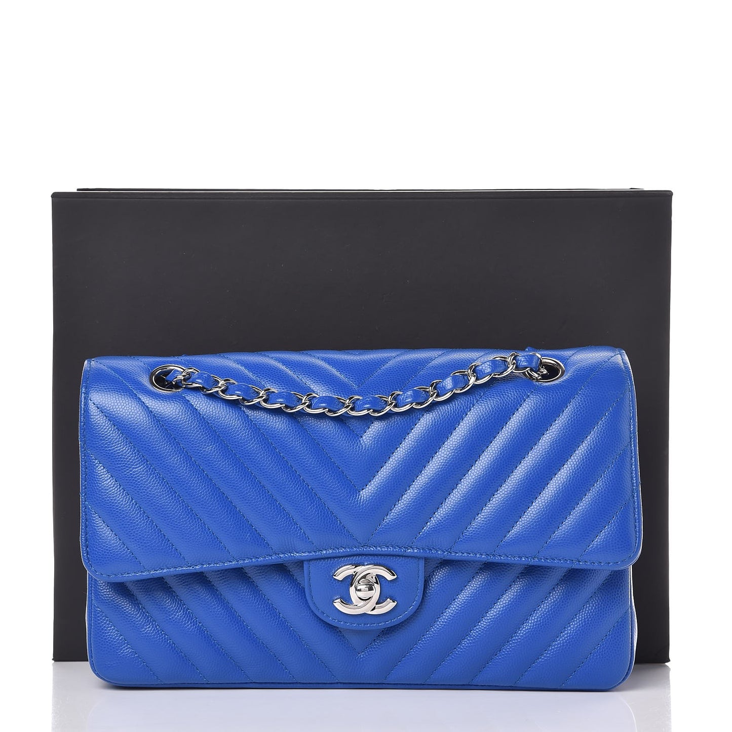 Caviar Chevron Quilted Medium Double Flap Bright Blue