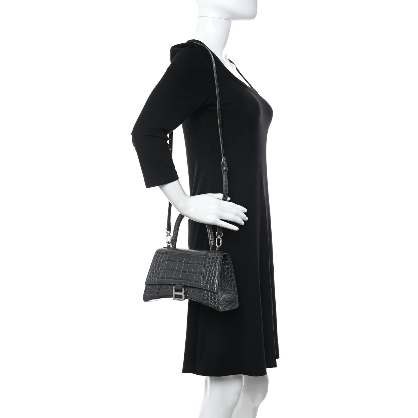 Shiny Calfskin Crocodile Embossed Small Hourglass Top Handle Bag Dark Grey