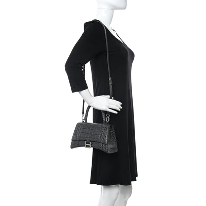 Balenciaga Shiny Calfskin Crocodile Embossed Small Hourglass Top Handle Bag Dark Grey 2 of 10