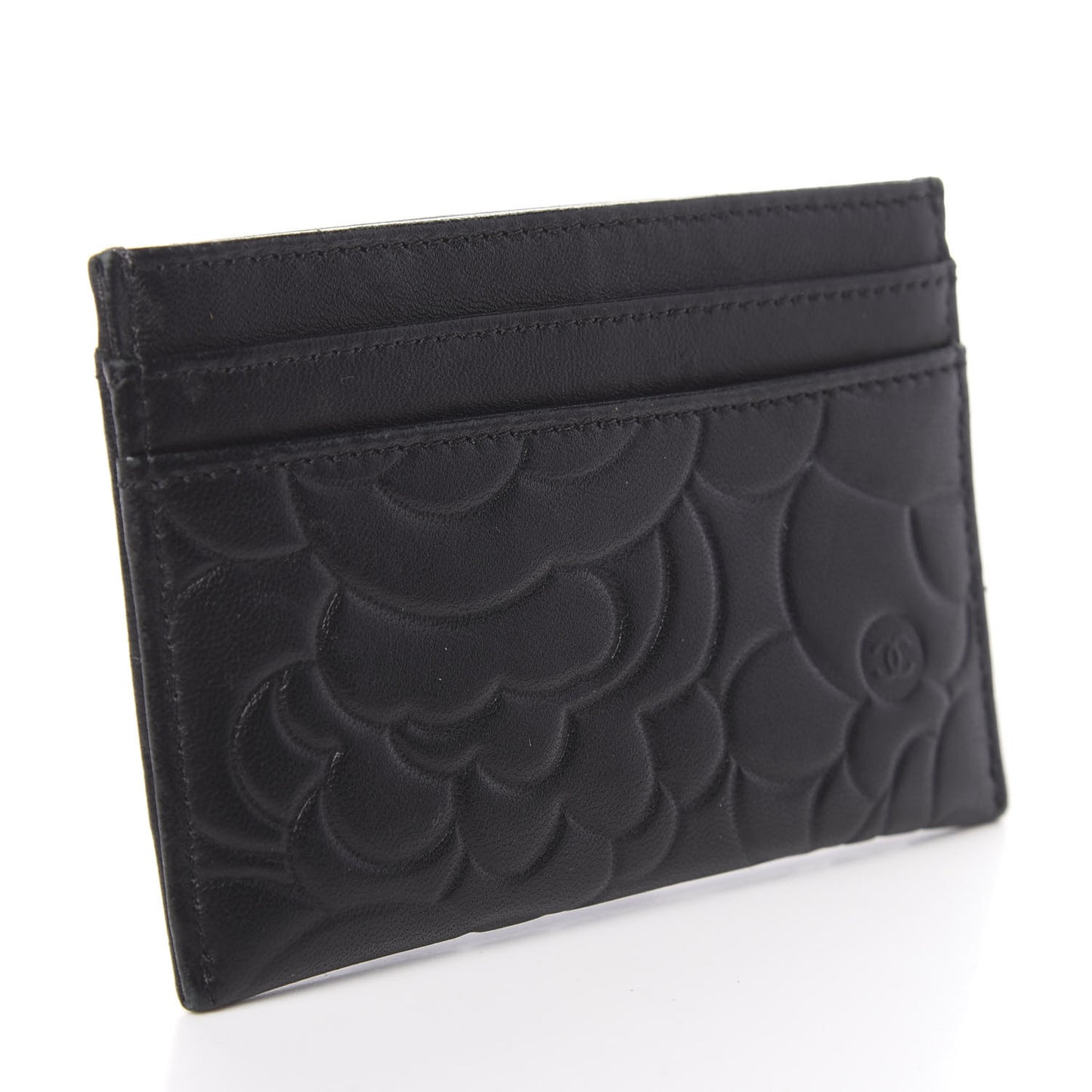 Lambskin Camellia Embossed Card Holder Black