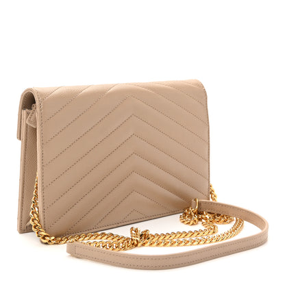 Saint Laurent Grain De Poudre Matelasse Chevron Monogram Envelope Chain Wallet Dark Beige 3 of 9
