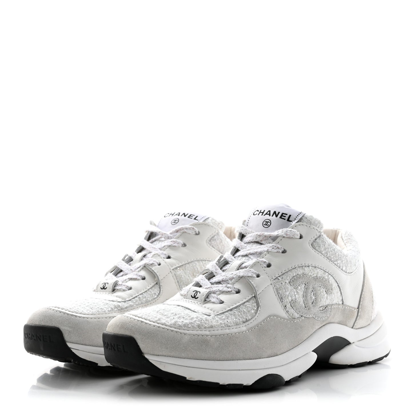 Painted Iridescent Cotton Tweed Suede Calfskin Womens CC Sneakers 37 White Silver Multicolor