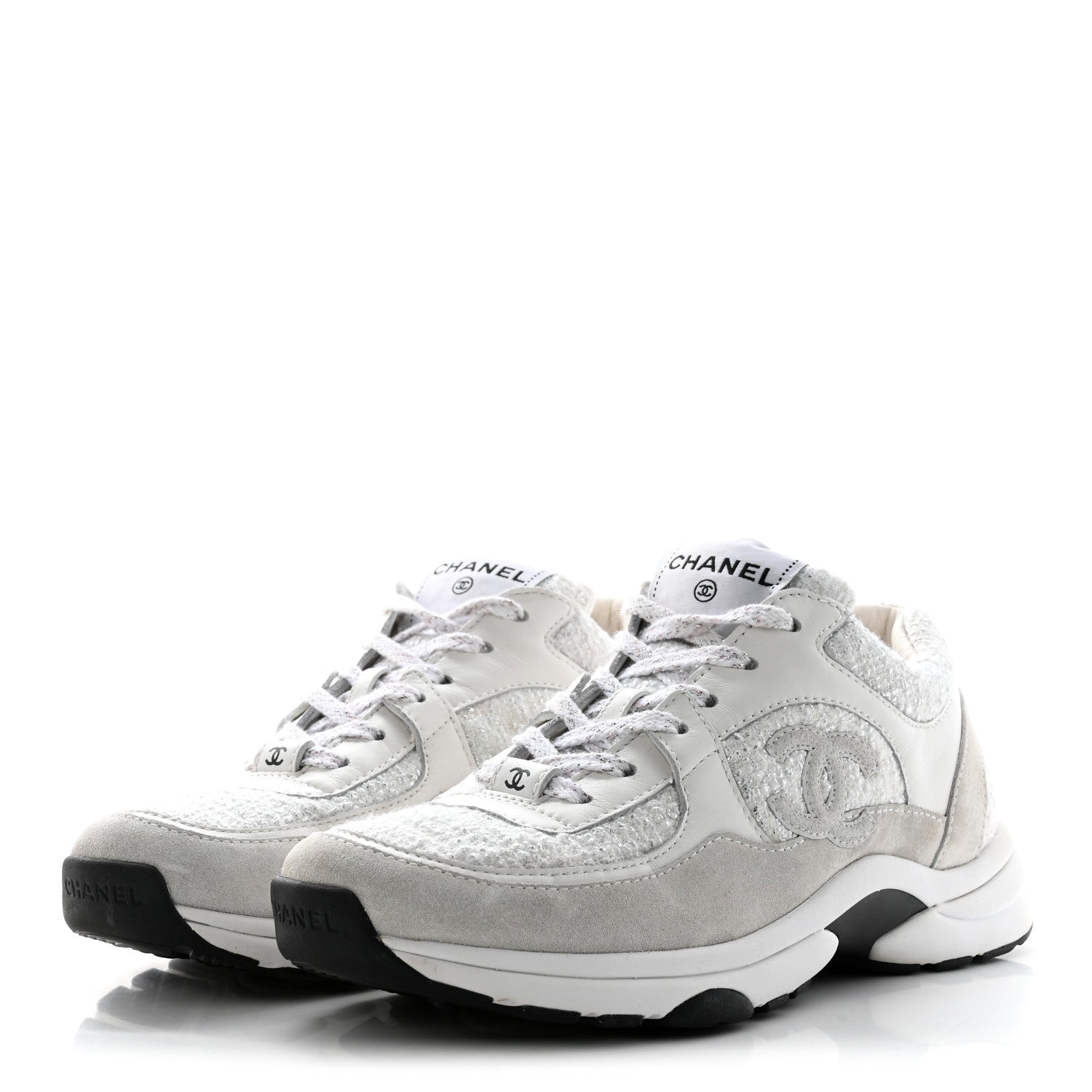Chanel Painted Iridescent Cotton Tweed Suede Calfskin Womens CC Sneakers 37 White Silver Multicolor 3 of 13