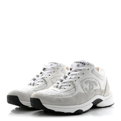 Chanel Painted Iridescent Cotton Tweed Suede Calfskin Womens CC Sneakers 37 White Silver Multicolor 3 of 13