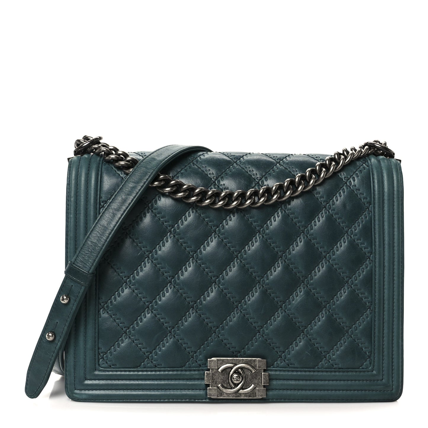 Calfskin Quilted Double Stitch Large Boy Flap Green