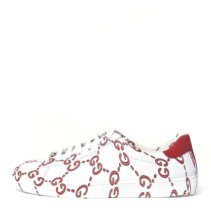 Gucci Calfskin GucciGhost Print Mens Ace Sneakers 8 White Hibiscus Red 1 of 11