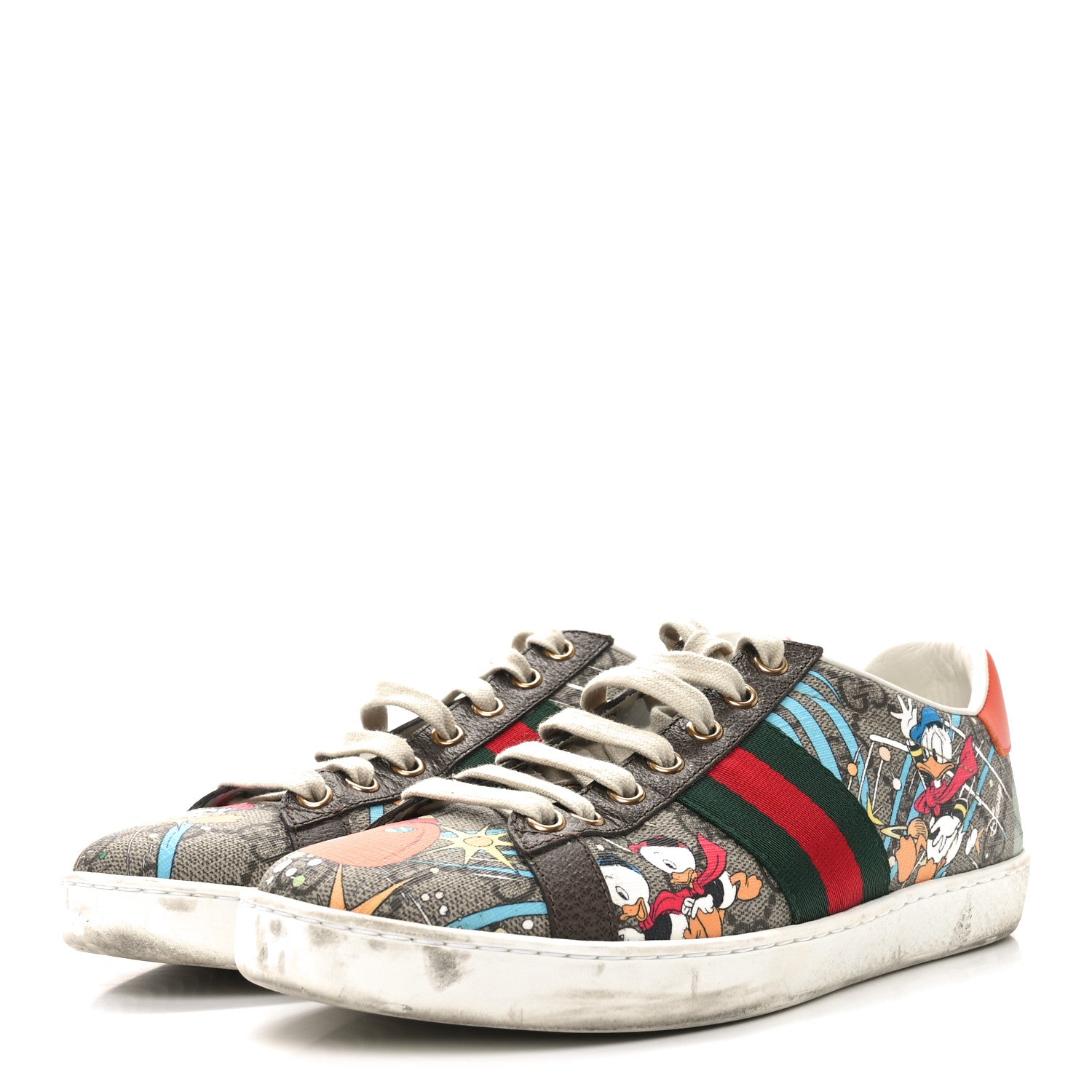 Gucci X DISNEY GG Supreme Monogram Web Donald Duck Womens Ace Sneakers 36.5 Beige New Acero Orange 4 of 11
