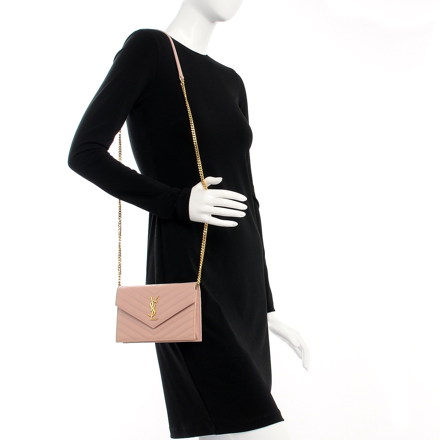 Saint Laurent Grain De Poudre Matelasse Chevron Monogram Envelope Chain Wallet Pale Pink 2 of 8