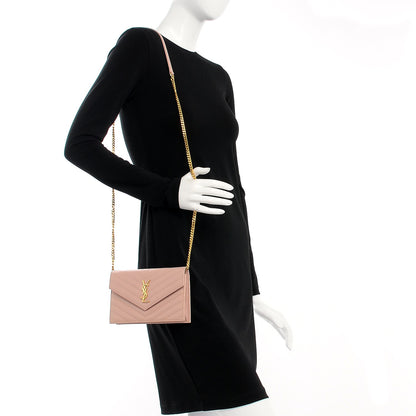Saint Laurent Grain De Poudre Matelasse Chevron Monogram Envelope Chain Wallet Pale Pink 2 of 8